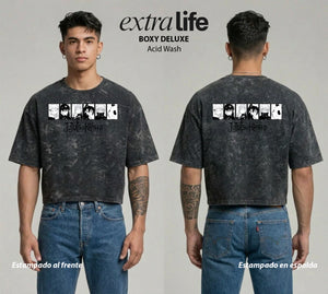 Playera streetwear premium de anime y gaming ExtraLife MX, corte boxy deluxe mineral wash heavyweight en color Acid Wash, moda urbana mexicana de culto.