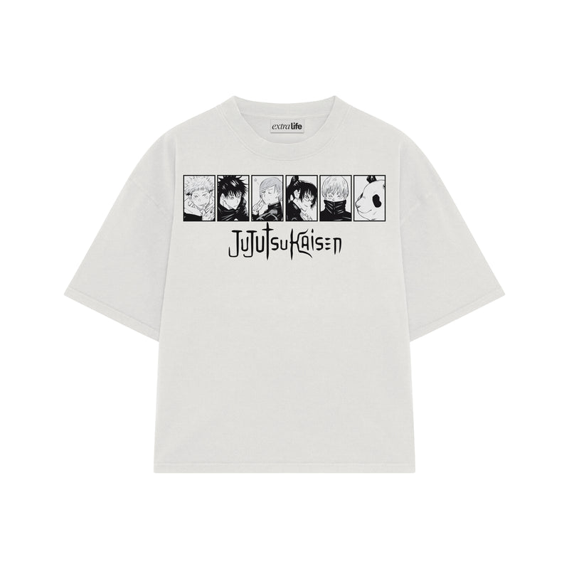Playera streetwear premium de anime y gaming ExtraLife MX, corte boxy oversized drop shoulder heavyweight en color Deep Black y Off-White, moda urbana mexicana de culto.