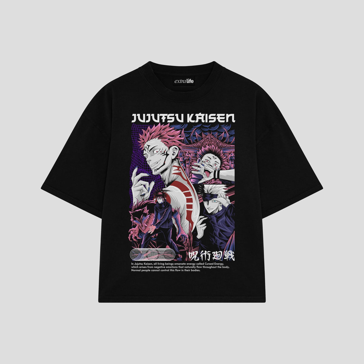 Playera streetwear premium de anime y gaming ExtraLife MX, corte oversized drop shoulder ligero y fresco en color Deep Black y Off-White, moda urbana mexicana de culto.