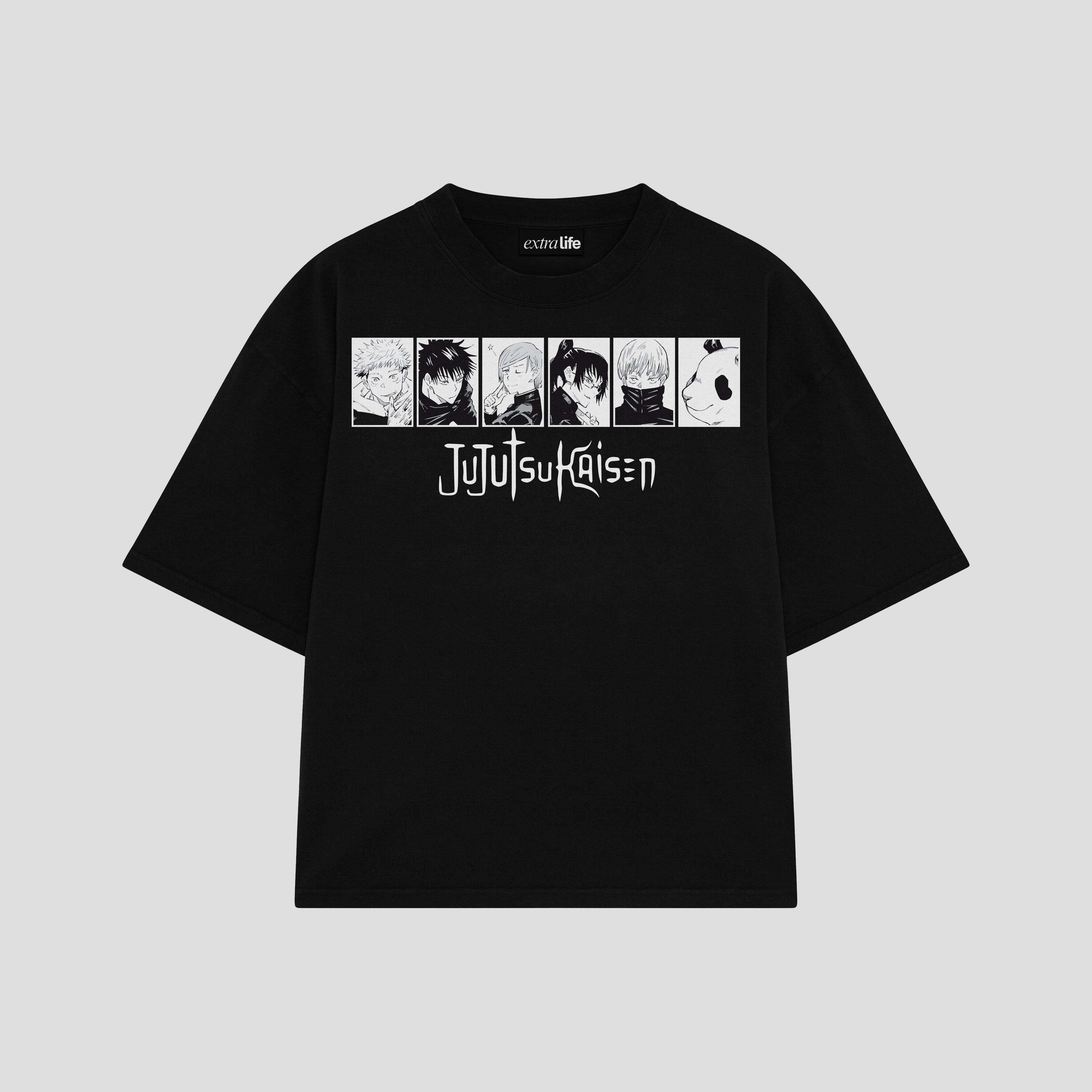 Playera streetwear premium de anime y gaming ExtraLife MX, corte boxy oversized drop shoulder heavyweight en color Deep Black y Off-White, moda urbana mexicana de culto.