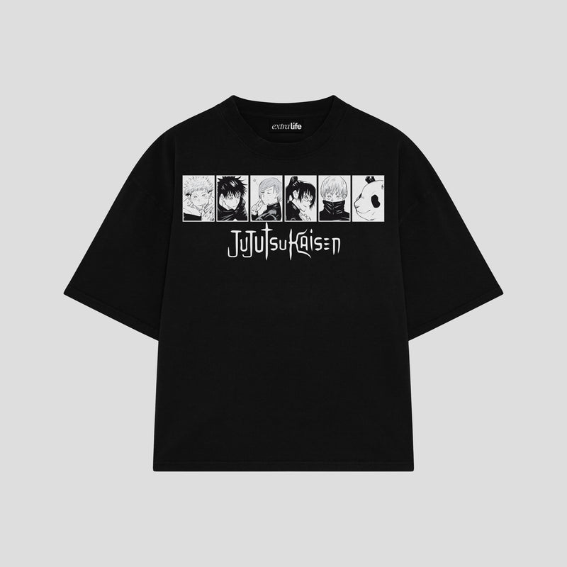 Playera streetwear premium de anime y gaming ExtraLife MX, corte boxy oversized drop shoulder heavyweight en color Deep Black y Off-White, moda urbana mexicana de culto.