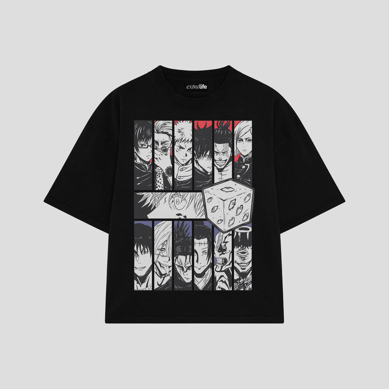 Playera streetwear premium de anime y gaming ExtraLife MX, corte boxy oversized drop shoulder heavyweight en color Deep Black y Off-White, moda urbana mexicana de culto.