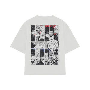 Playera streetwear premium de anime y gaming ExtraLife MX, corte boxy oversized drop shoulder heavyweight en color Deep Black y Off-White, moda urbana mexicana de culto.