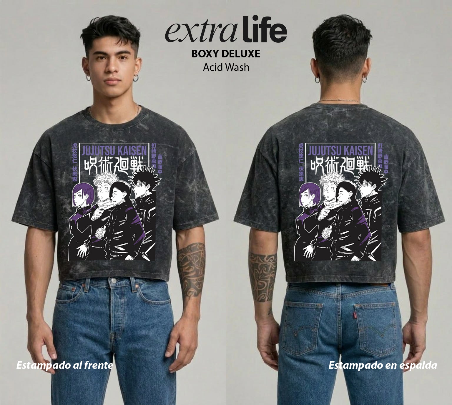 Playera streetwear premium de anime y gaming ExtraLife MX, corte boxy deluxe mineral wash heavyweight en color Acid Wash, moda urbana mexicana de culto.