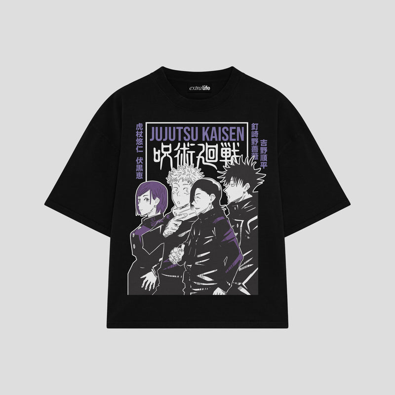 Playera streetwear premium de anime y gaming ExtraLife MX, corte boxy oversized drop shoulder heavyweight en color Deep Black y Off-White, moda urbana mexicana de culto.