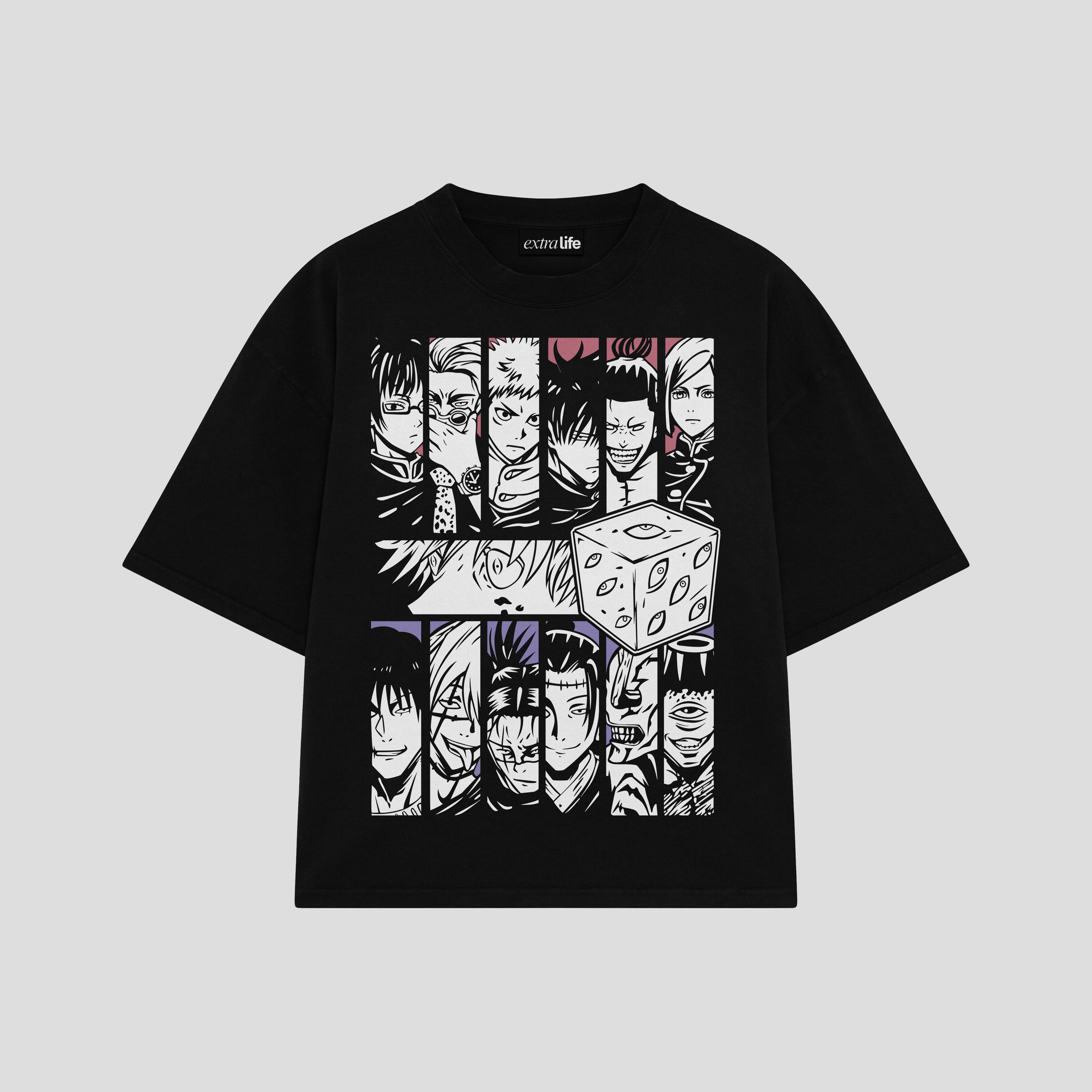 Playera streetwear premium de anime y gaming ExtraLife MX, corte boxy oversized drop shoulder heavyweight en color Deep Black y Off-White, moda urbana mexicana de culto.