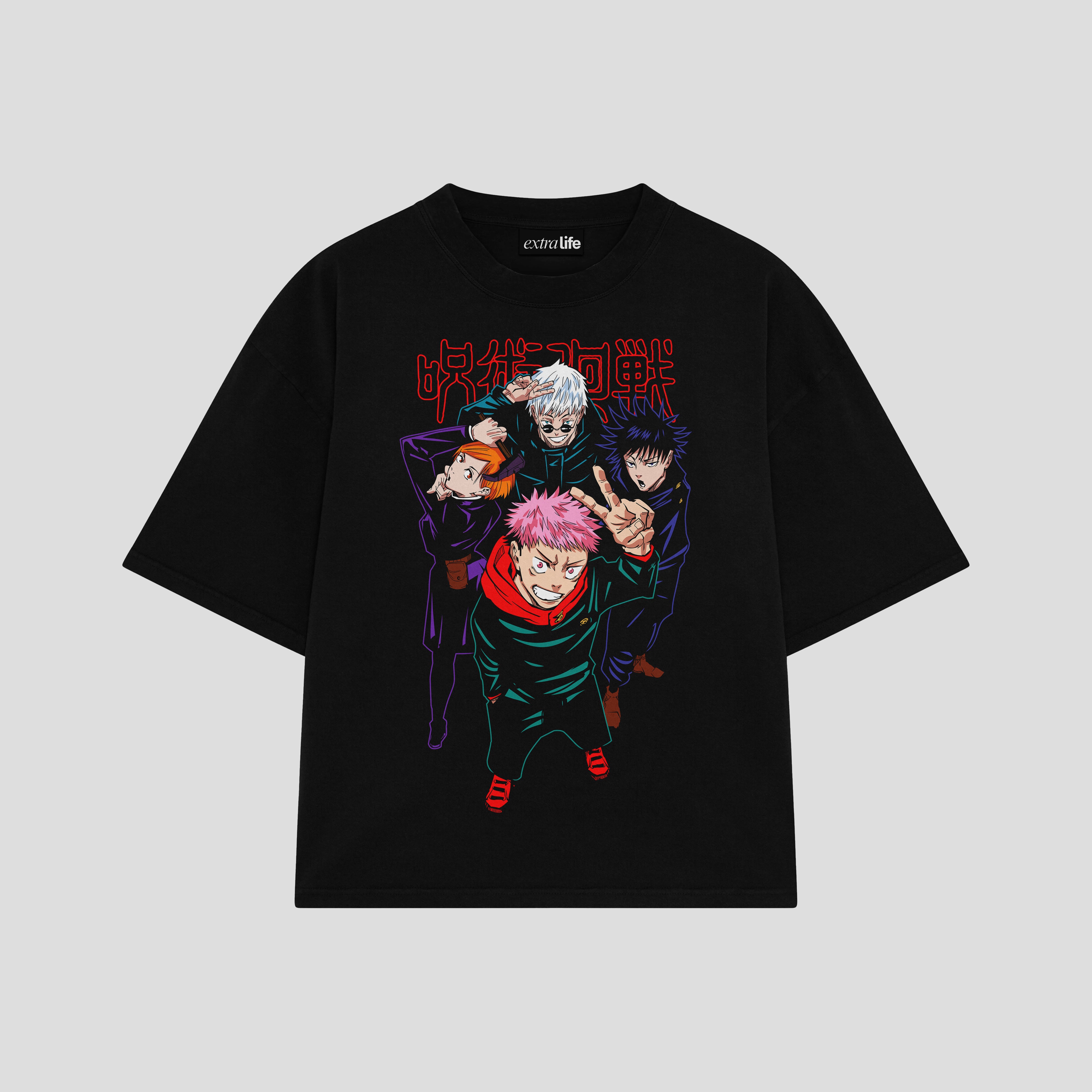 Playera streetwear premium de anime y gaming ExtraLife MX, corte boxy oversized drop shoulder heavyweight en color Deep Black y Off-White, moda urbana mexicana de culto.