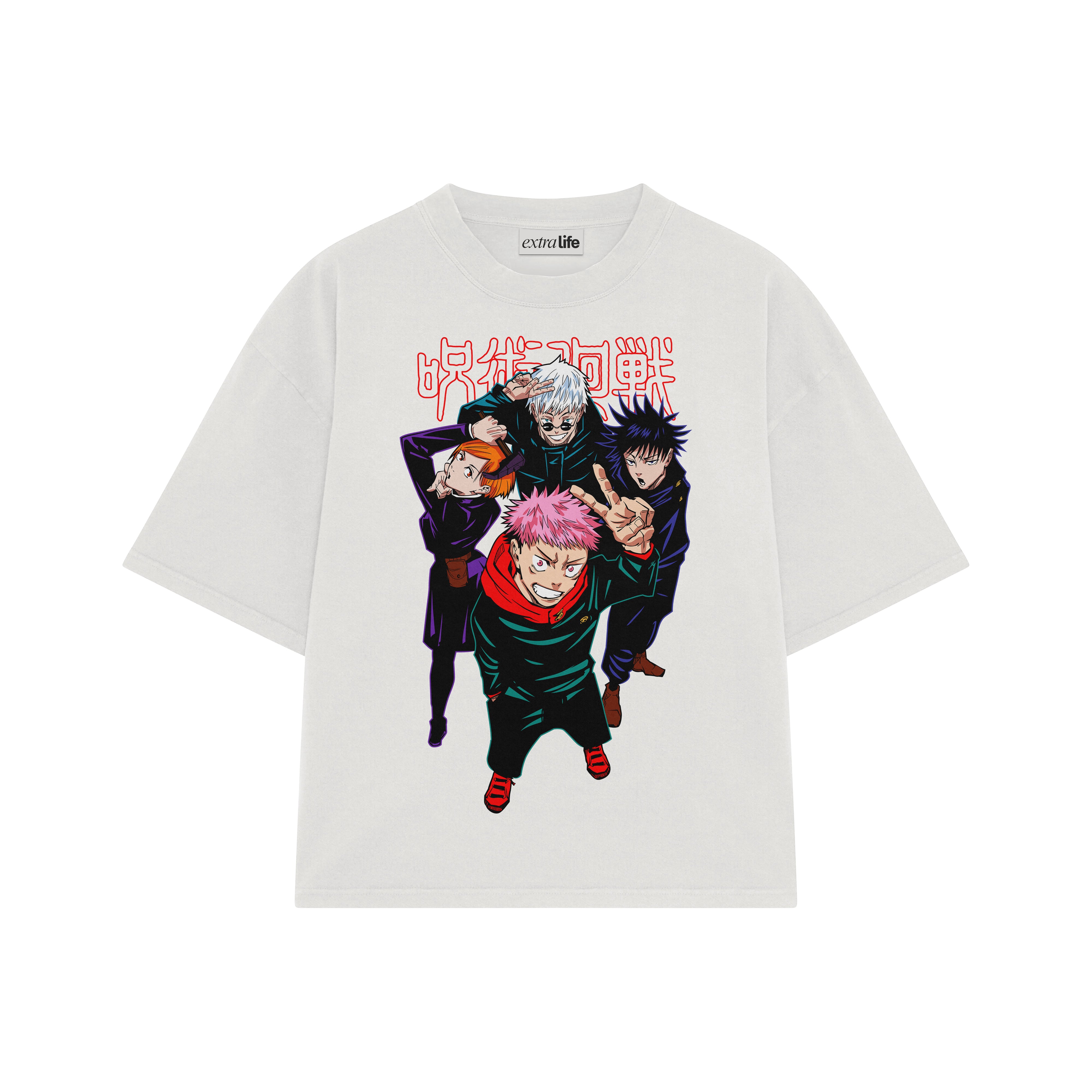 Playera streetwear premium de anime y gaming ExtraLife MX, corte boxy oversized drop shoulder heavyweight en color Deep Black y Off-White, moda urbana mexicana de culto.