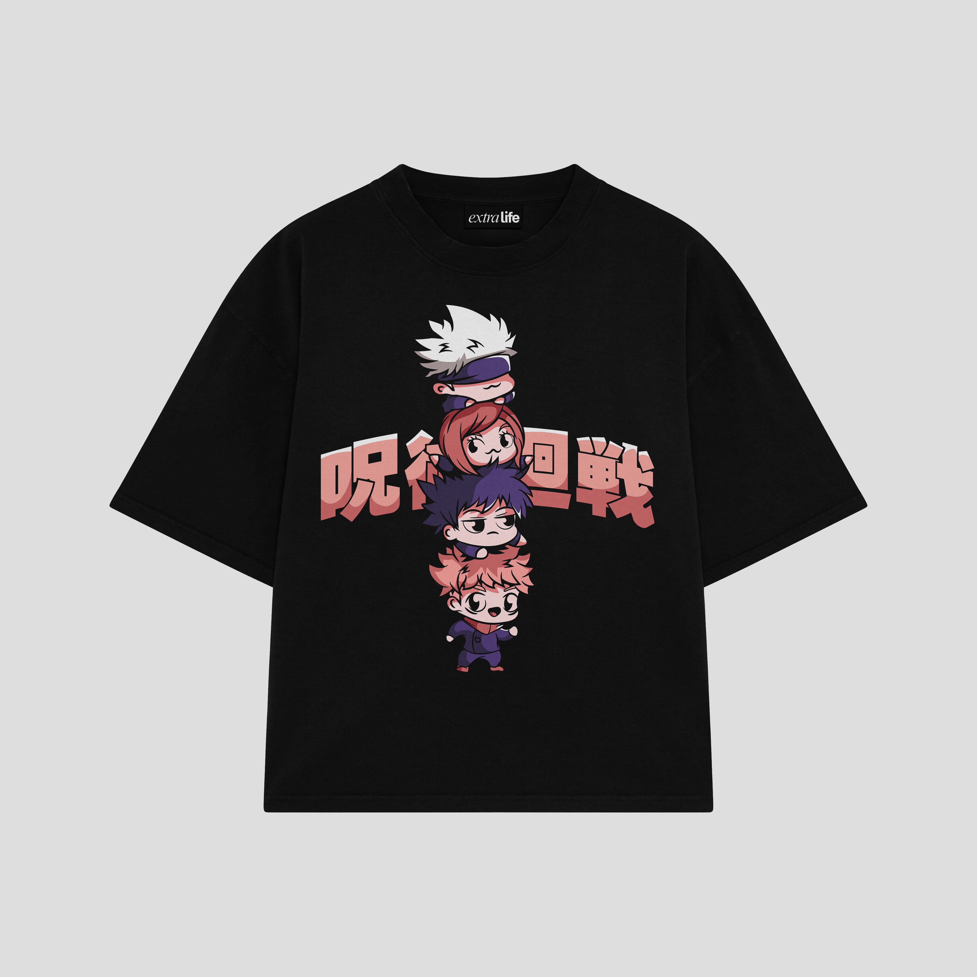Playera streetwear premium de anime y gaming ExtraLife MX, corte boxy oversized drop shoulder heavyweight en color Deep Black y Off-White, moda urbana mexicana de culto.