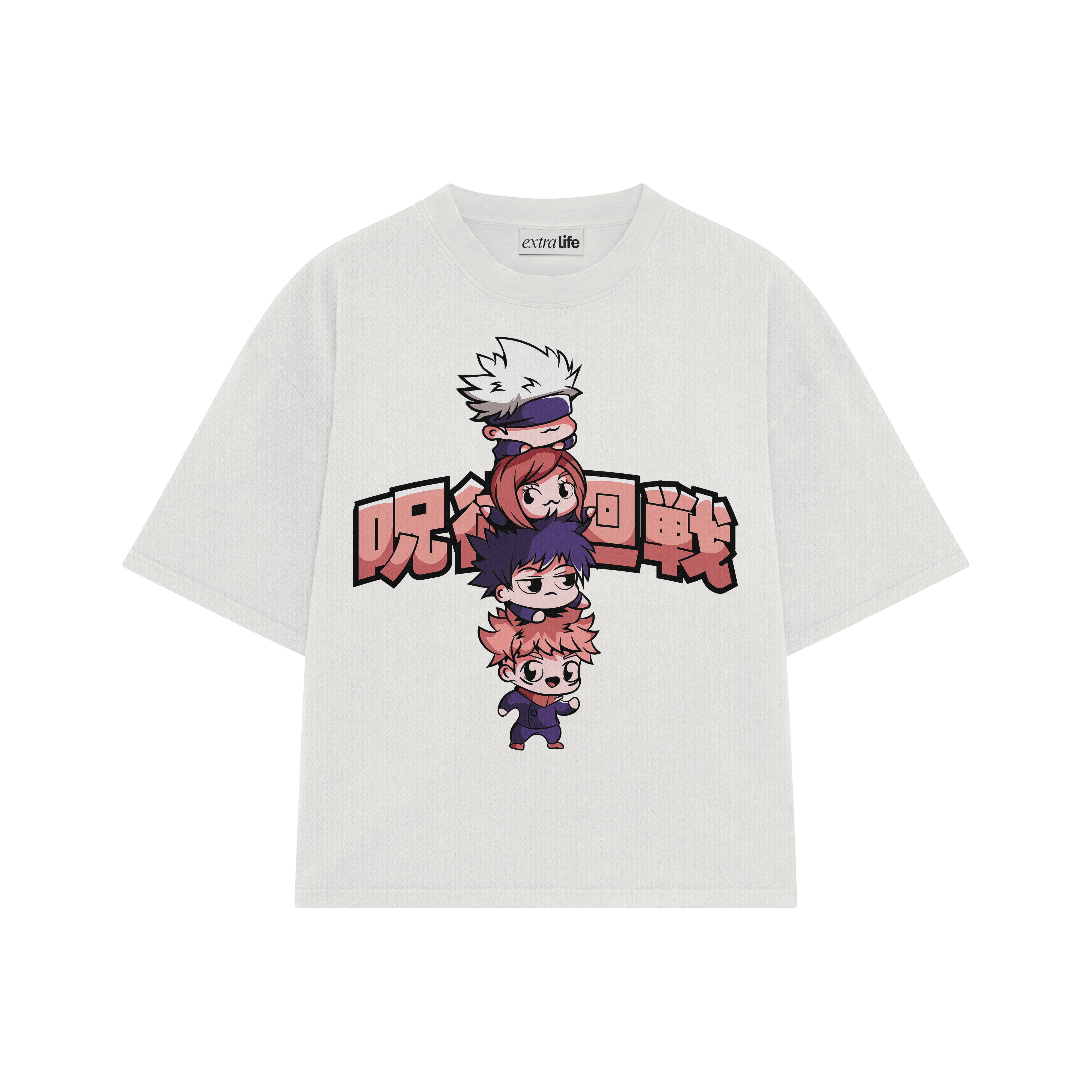 Playera streetwear premium de anime y gaming ExtraLife MX, corte boxy oversized drop shoulder heavyweight en color Deep Black y Off-White, moda urbana mexicana de culto.
