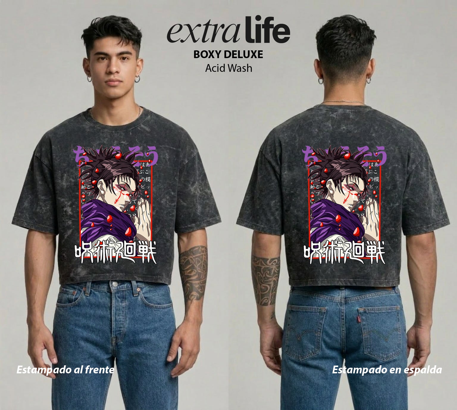 Playera streetwear premium de anime y gaming ExtraLife MX, corte boxy deluxe mineral wash heavyweight en color Acid Wash, moda urbana mexicana de culto.