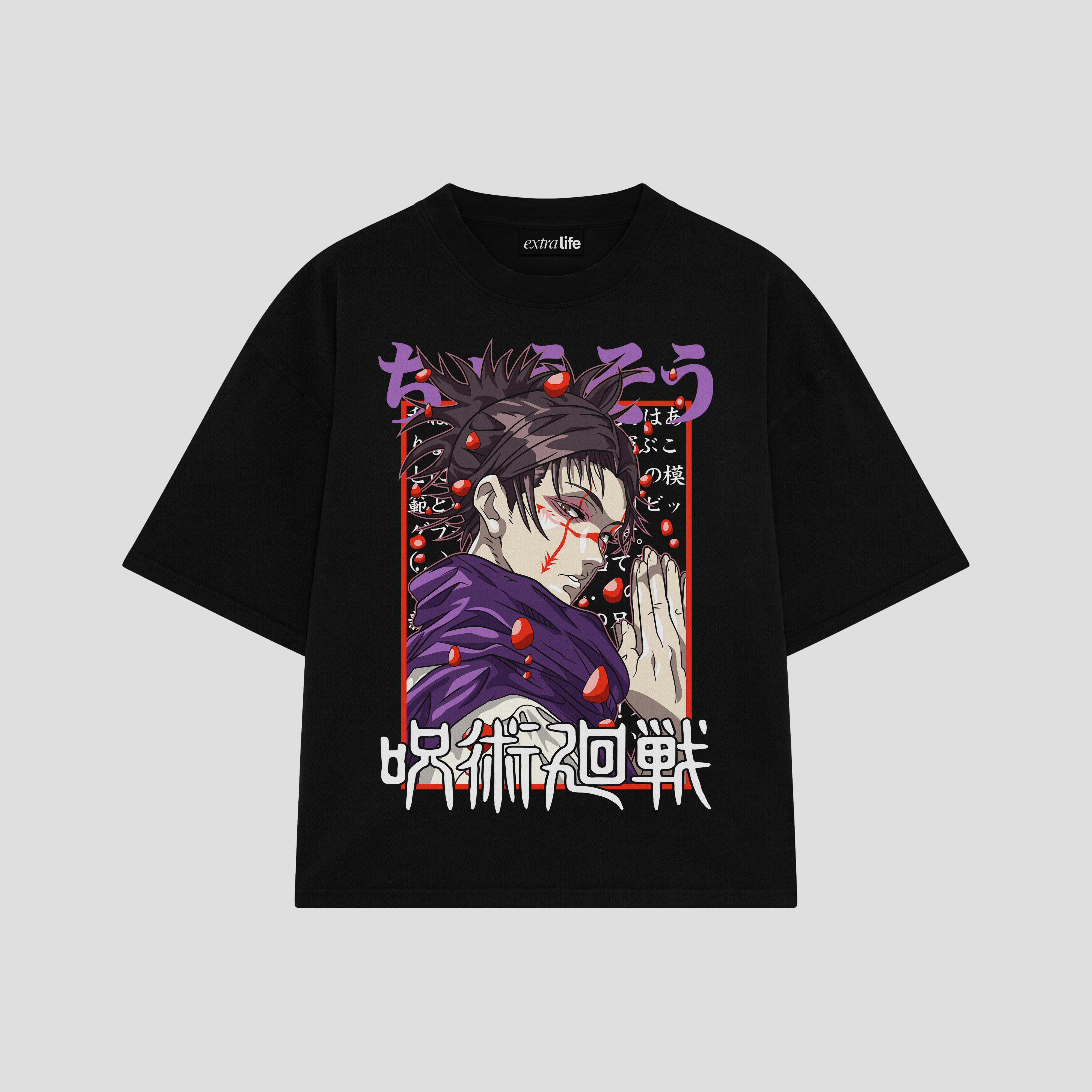 Playera streetwear premium de anime y gaming ExtraLife MX, corte boxy oversized drop shoulder heavyweight en color Deep Black y Off-White, moda urbana mexicana de culto.