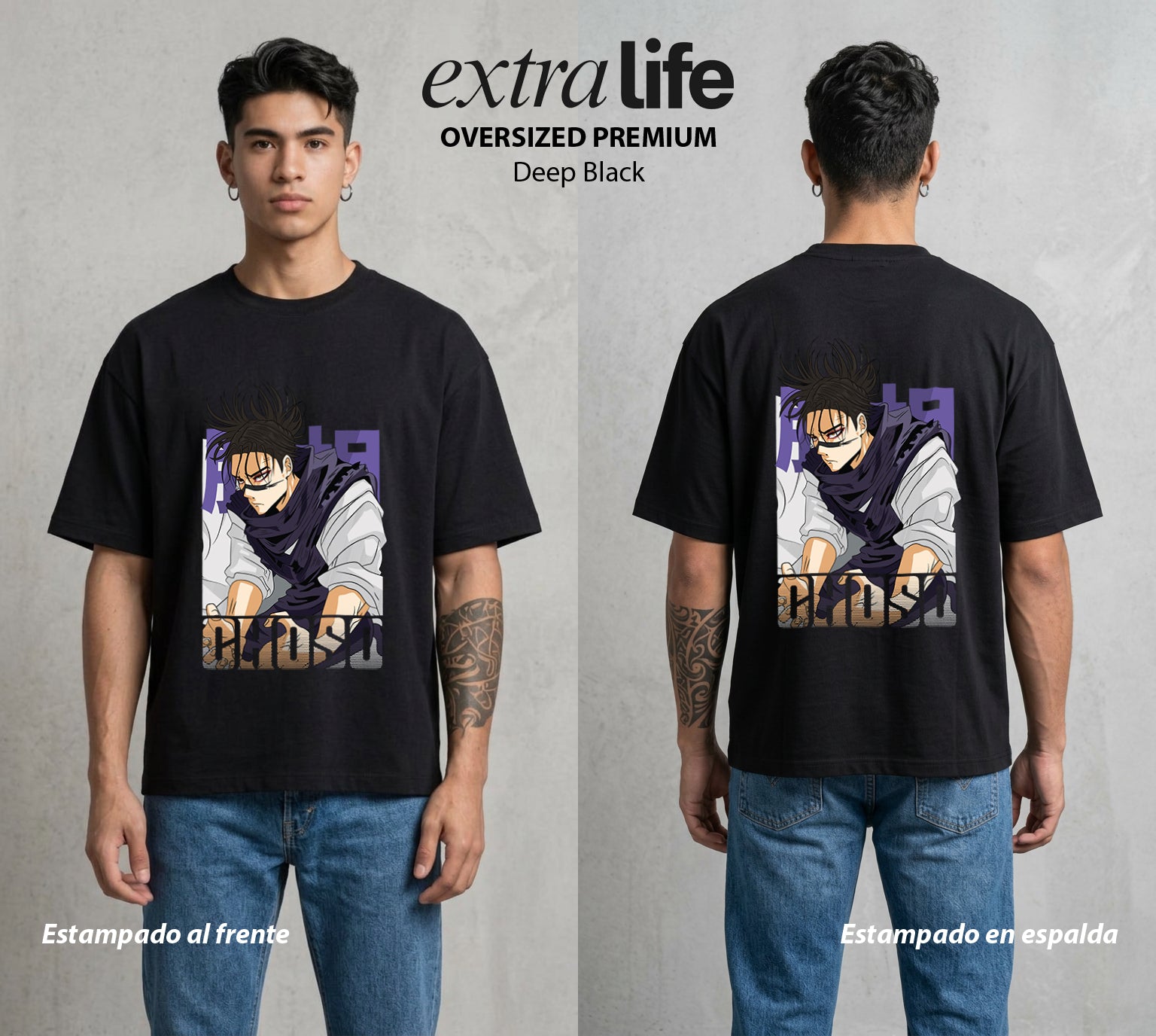 El Arte de las Maldiciones | El Sanguíneo del Bien #01812 - Playera Oversized Premium | Deep Black - Foto en modelo
