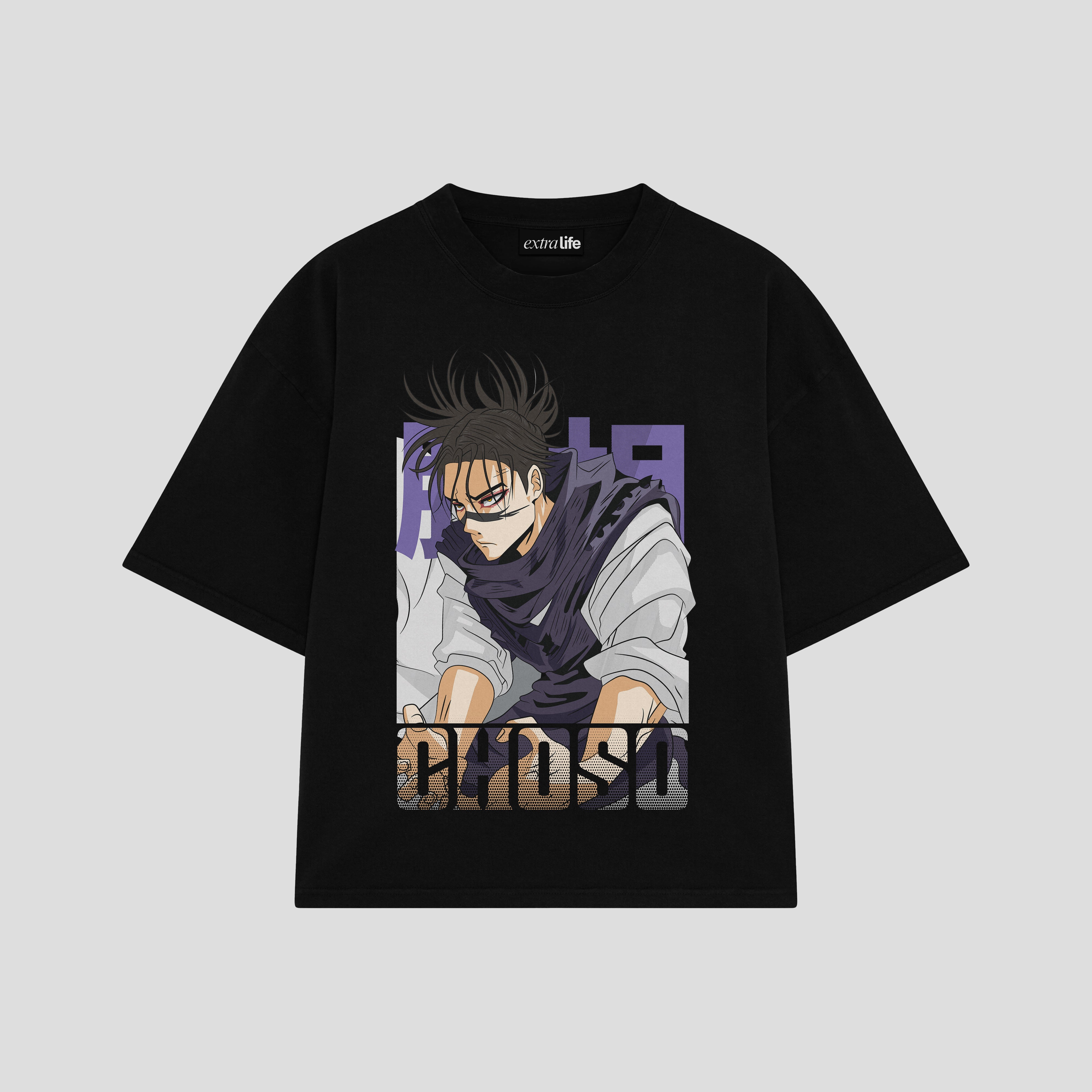 Playera streetwear premium de anime y gaming ExtraLife MX, corte boxy oversized drop shoulder heavyweight en color Deep Black y Off-White, moda urbana mexicana de culto.