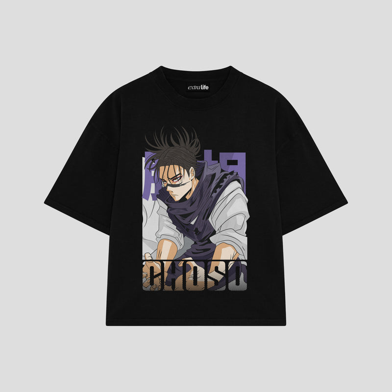 Playera streetwear premium de anime y gaming ExtraLife MX, corte boxy oversized drop shoulder heavyweight en color Deep Black y Off-White, moda urbana mexicana de culto.
