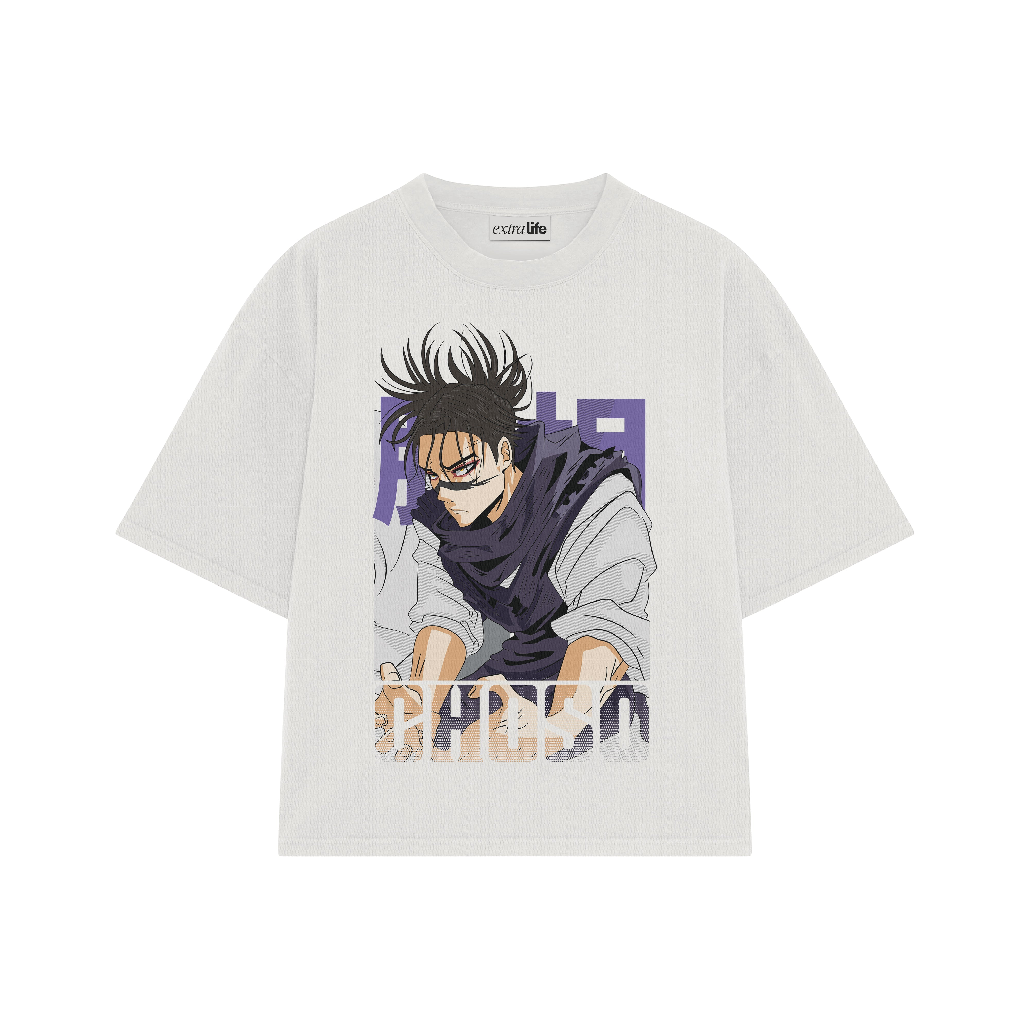 Playera streetwear premium de anime y gaming ExtraLife MX, corte boxy oversized drop shoulder heavyweight en color Deep Black y Off-White, moda urbana mexicana de culto.