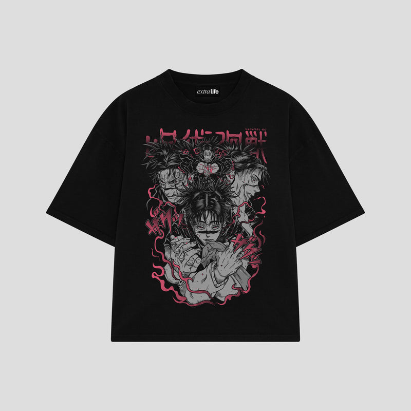 Playera streetwear premium de anime y gaming ExtraLife MX, corte boxy oversized drop shoulder heavyweight en color Deep Black y Off-White, moda urbana mexicana de culto.