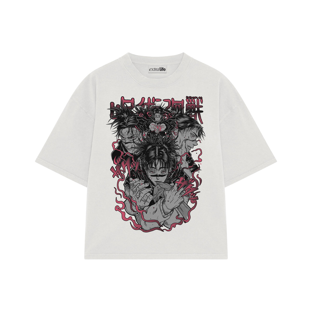 Playera streetwear premium de anime y gaming ExtraLife MX, corte oversized drop shoulder ligero y fresco en color Deep Black y Off-White, moda urbana mexicana de culto.