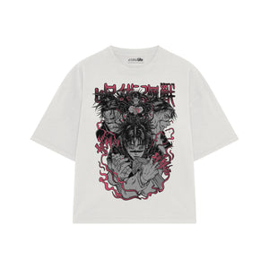 Playera streetwear premium de anime y gaming ExtraLife MX, corte boxy oversized drop shoulder heavyweight en color Deep Black y Off-White, moda urbana mexicana de culto.
