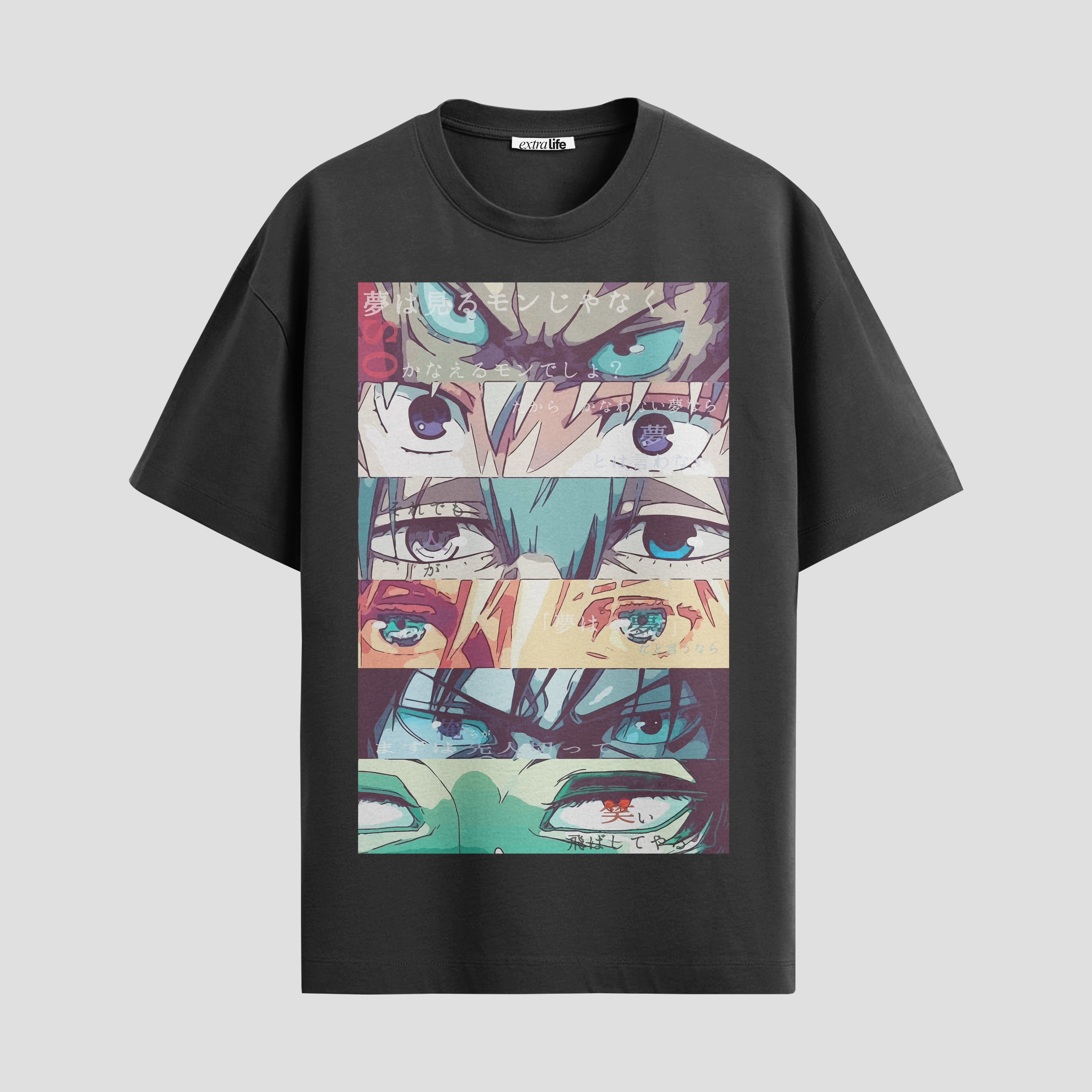 Playera urbana de anime y gaming ExtraLife MX, corte Standard Fit unisex ligero y transpirable en color Deep Black y Pure White, ropa de uso diario para gym y casual.