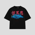 Playera streetwear premium de anime y gaming ExtraLife MX, corte boxy oversized drop shoulder heavyweight en color Deep Black y Off-White, moda urbana mexicana de culto.