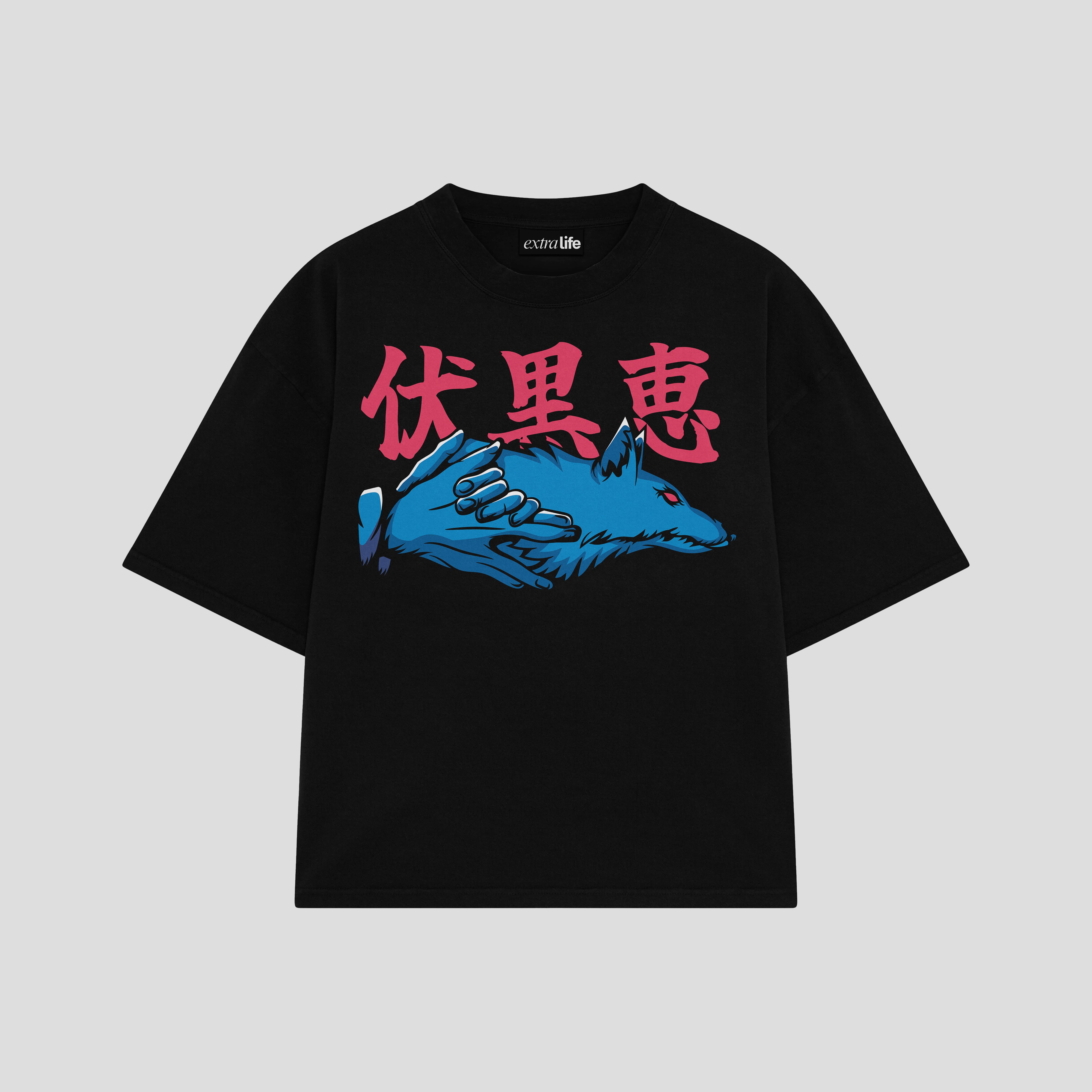 Playera streetwear premium de anime y gaming ExtraLife MX, corte boxy oversized drop shoulder heavyweight en color Deep Black y Off-White, moda urbana mexicana de culto.