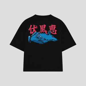 Playera streetwear premium de anime y gaming ExtraLife MX, corte boxy oversized drop shoulder heavyweight en color Deep Black y Off-White, moda urbana mexicana de culto.