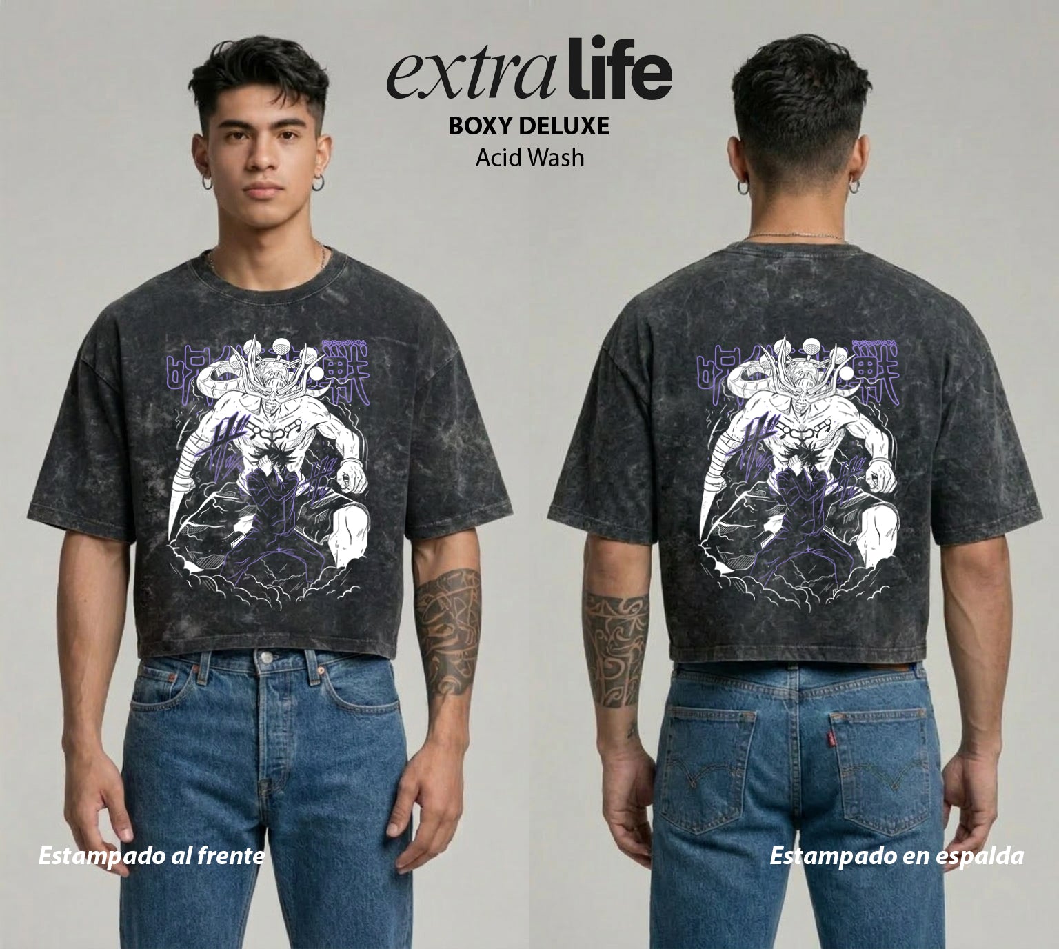 Playera streetwear premium de anime y gaming ExtraLife MX, corte boxy deluxe mineral wash heavyweight en color Acid Wash, moda urbana mexicana de culto.
