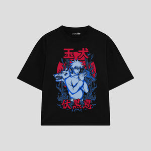 Playera streetwear premium de anime y gaming ExtraLife MX, corte boxy oversized drop shoulder heavyweight en color Deep Black y Off-White, moda urbana mexicana de culto.