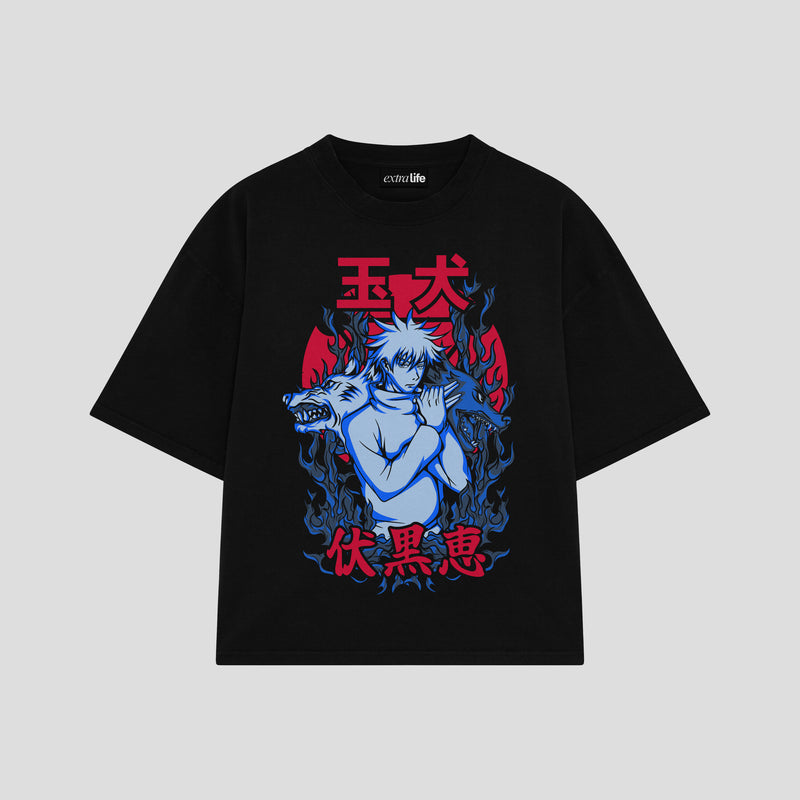 Playera streetwear premium de anime y gaming ExtraLife MX, corte boxy oversized drop shoulder heavyweight en color Deep Black y Off-White, moda urbana mexicana de culto.