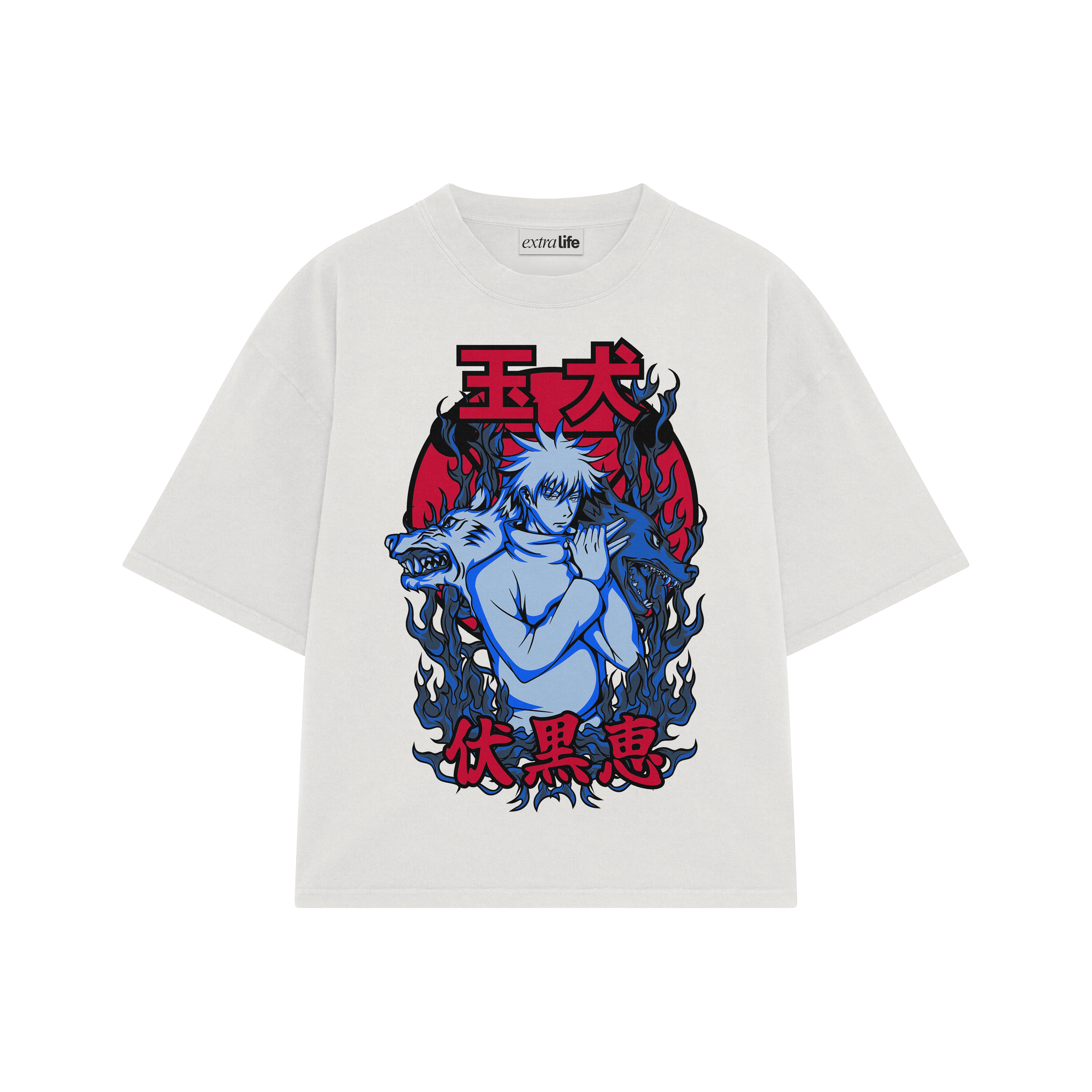 Playera streetwear premium de anime y gaming ExtraLife MX, corte boxy oversized drop shoulder heavyweight en color Deep Black y Off-White, moda urbana mexicana de culto.