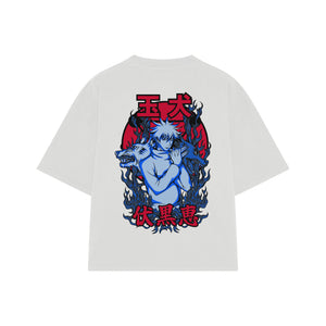 Playera streetwear premium de anime y gaming ExtraLife MX, corte boxy oversized drop shoulder heavyweight en color Deep Black y Off-White, moda urbana mexicana de culto.