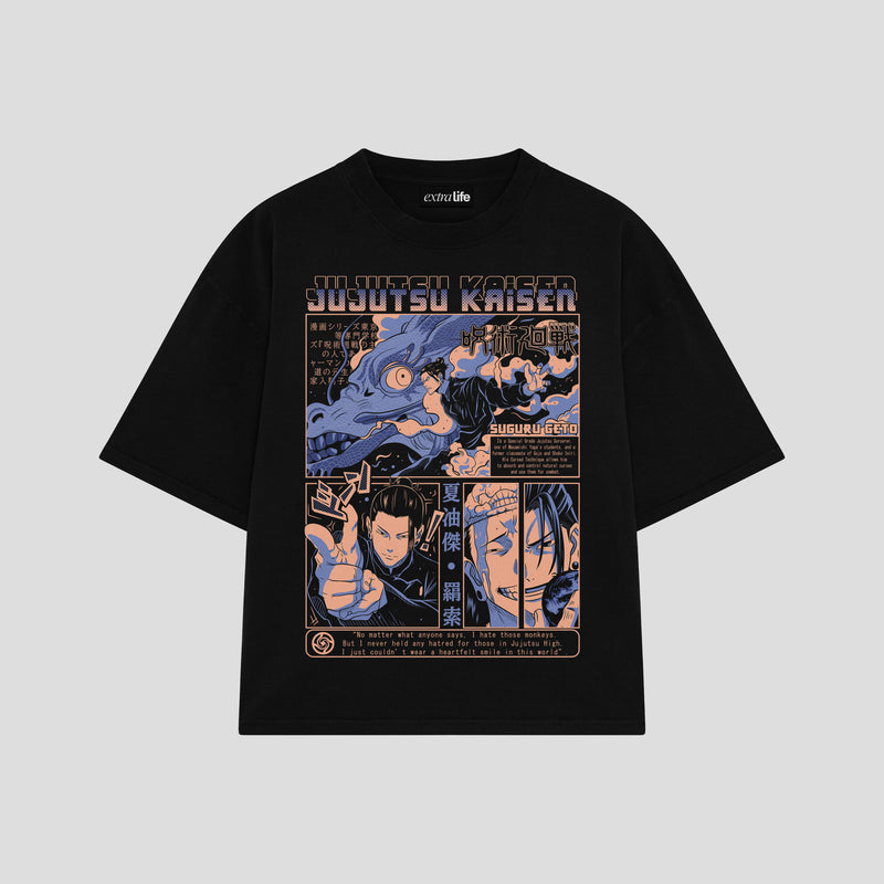 Playera streetwear premium de anime y gaming ExtraLife MX, corte boxy oversized drop shoulder heavyweight en color Deep Black y Off-White, moda urbana mexicana de culto.