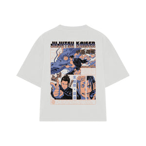 Playera streetwear premium de anime y gaming ExtraLife MX, corte boxy oversized drop shoulder heavyweight en color Deep Black y Off-White, moda urbana mexicana de culto.
