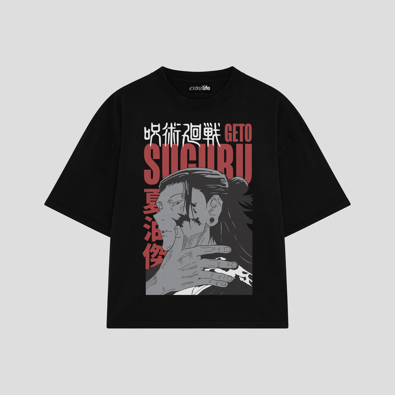 Playera streetwear premium de anime y gaming ExtraLife MX, corte boxy oversized drop shoulder heavyweight en color Deep Black y Off-White, moda urbana mexicana de culto.