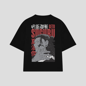 Playera streetwear premium de anime y gaming ExtraLife MX, corte boxy oversized drop shoulder heavyweight en color Deep Black y Off-White, moda urbana mexicana de culto.