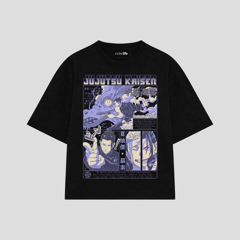 Playera streetwear premium de anime y gaming ExtraLife MX, corte boxy oversized drop shoulder heavyweight en color Deep Black y Off-White, moda urbana mexicana de culto.