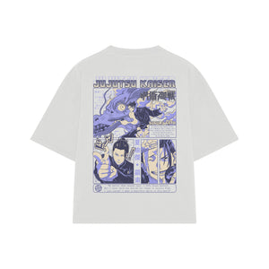 Playera streetwear premium de anime y gaming ExtraLife MX, corte boxy oversized drop shoulder heavyweight en color Deep Black y Off-White, moda urbana mexicana de culto.