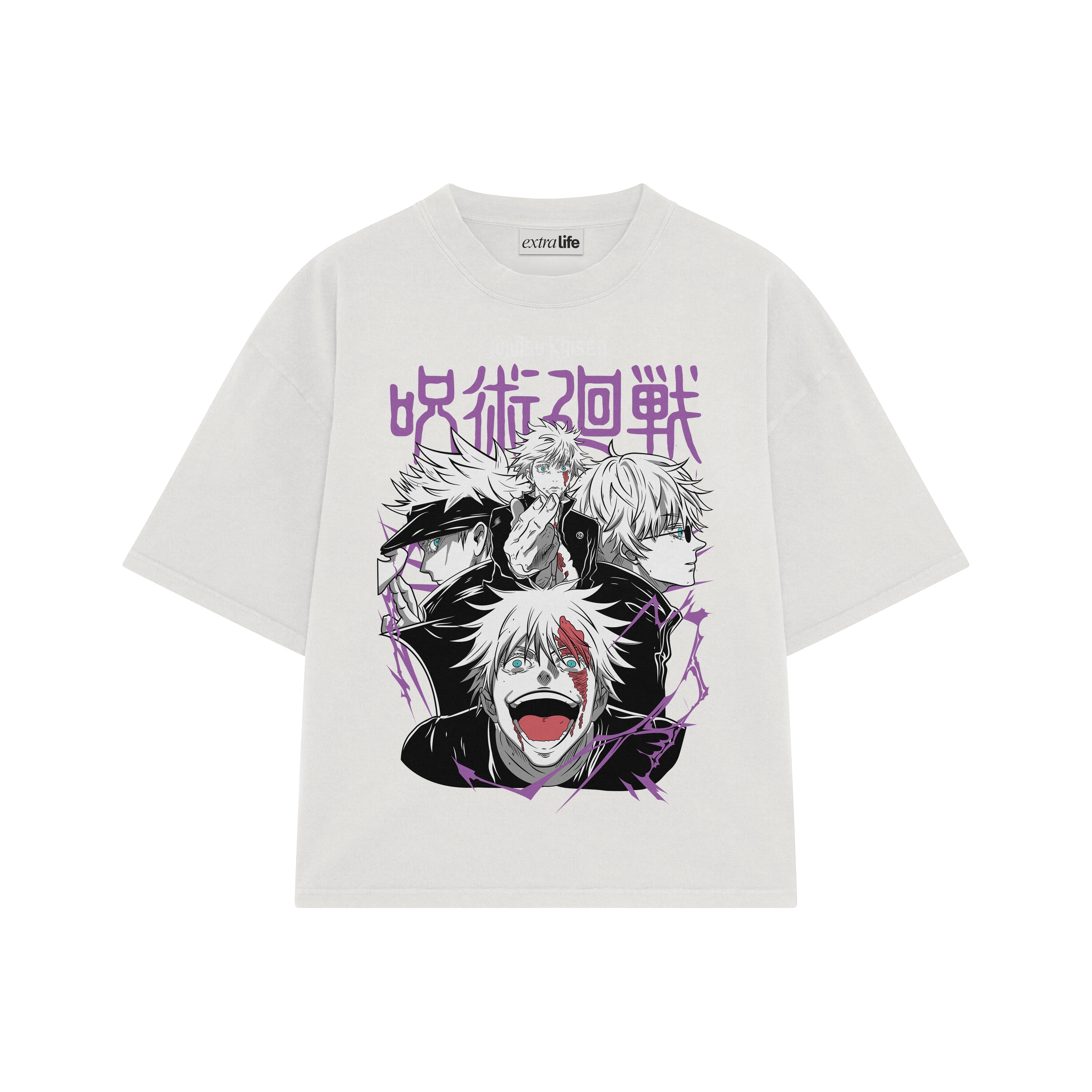 Playera streetwear premium de anime y gaming ExtraLife MX, corte boxy oversized drop shoulder heavyweight en color Deep Black y Off-White, moda urbana mexicana de culto.