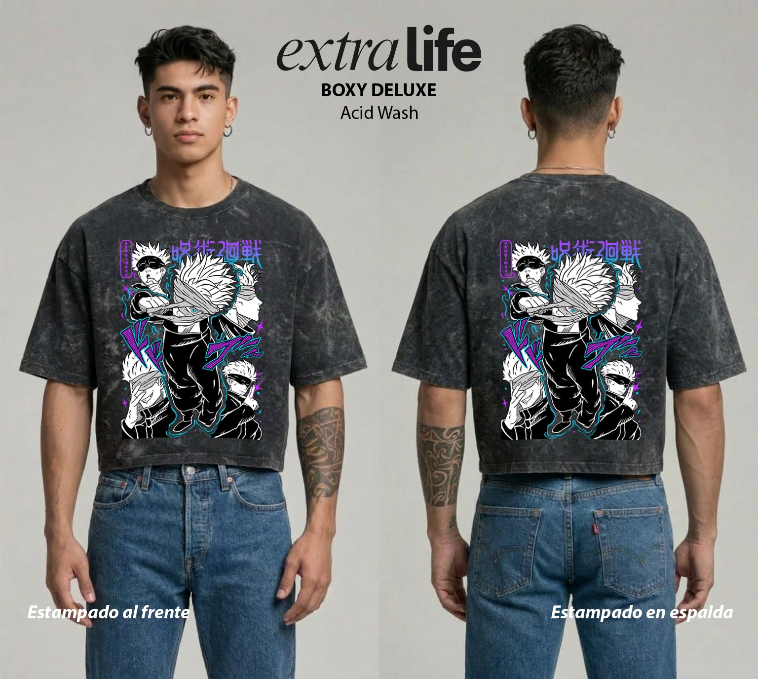 Playera streetwear premium de anime y gaming ExtraLife MX, corte boxy deluxe mineral wash heavyweight en color Acid Wash, moda urbana mexicana de culto.