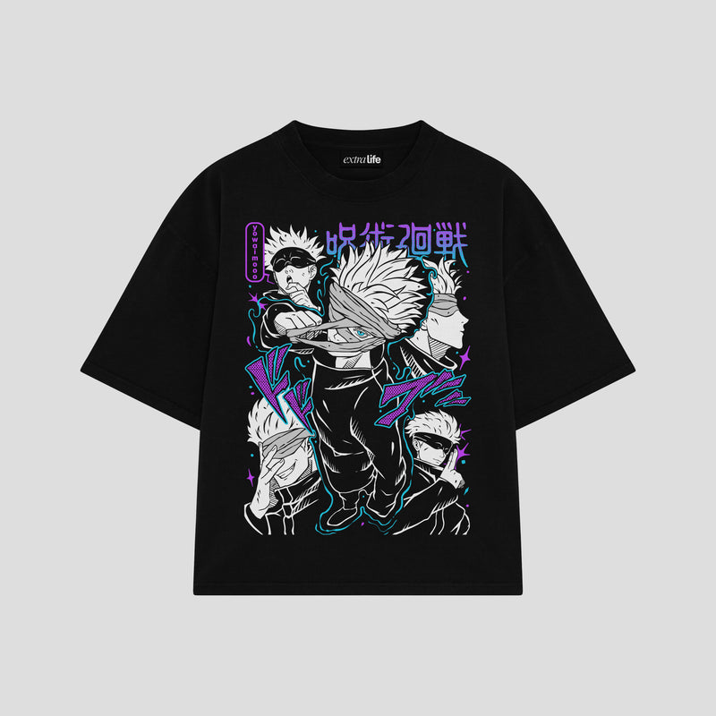 Playera streetwear premium de anime y gaming ExtraLife MX, corte boxy oversized drop shoulder heavyweight en color Deep Black y Off-White, moda urbana mexicana de culto.