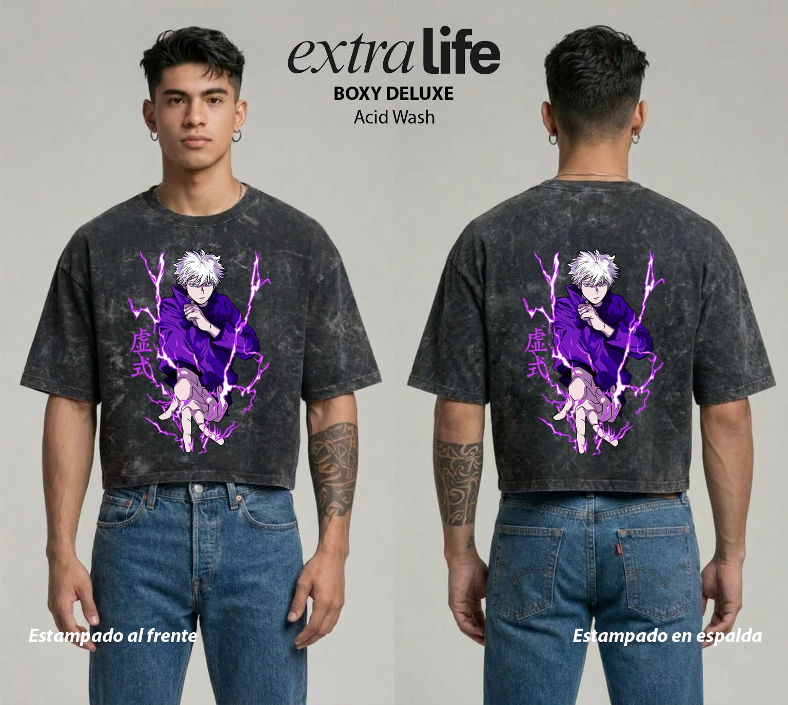 Playera streetwear premium de anime y gaming ExtraLife MX, corte boxy deluxe mineral wash heavyweight en color Acid Wash, moda urbana mexicana de culto.