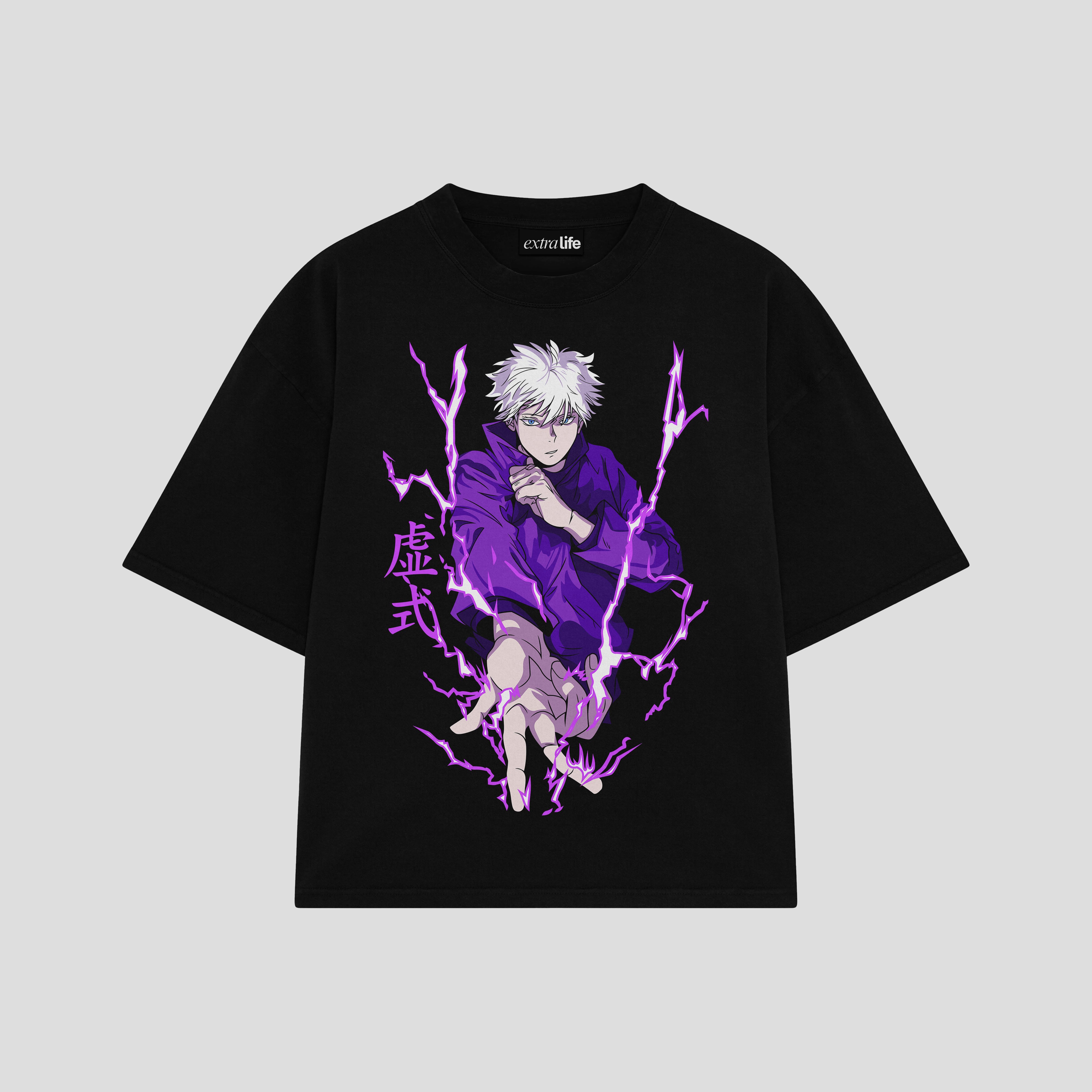 Playera streetwear premium de anime y gaming ExtraLife MX, corte boxy oversized drop shoulder heavyweight en color Deep Black y Off-White, moda urbana mexicana de culto.