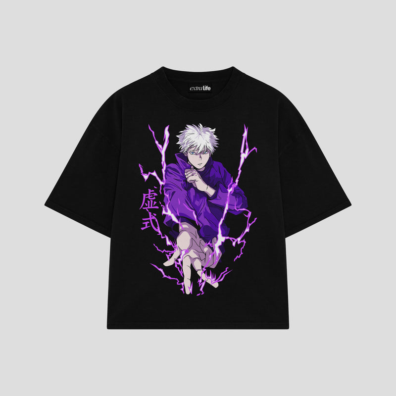 Playera streetwear premium de anime y gaming ExtraLife MX, corte boxy oversized drop shoulder heavyweight en color Deep Black y Off-White, moda urbana mexicana de culto.