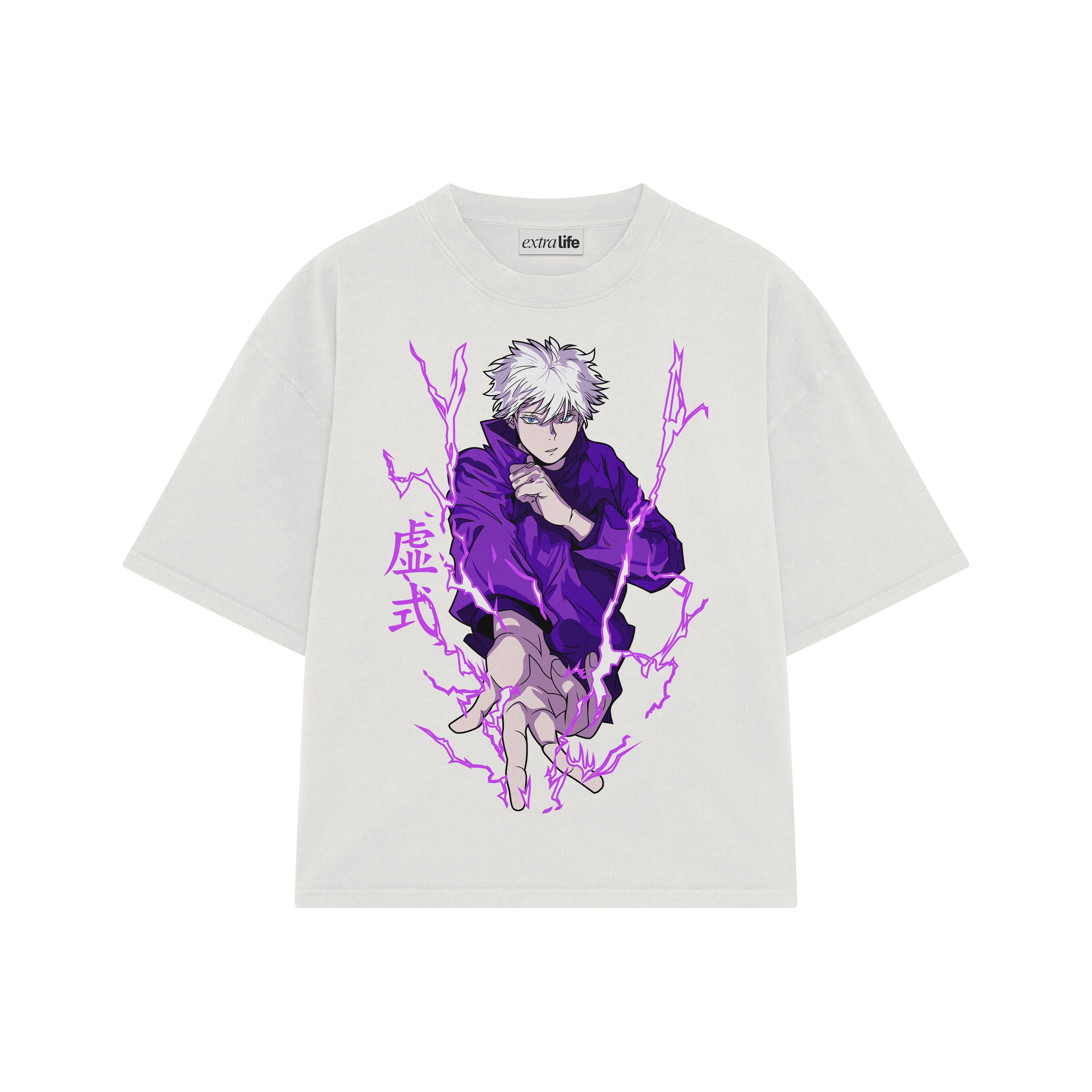 Playera streetwear premium de anime y gaming ExtraLife MX, corte boxy oversized drop shoulder heavyweight en color Deep Black y Off-White, moda urbana mexicana de culto.