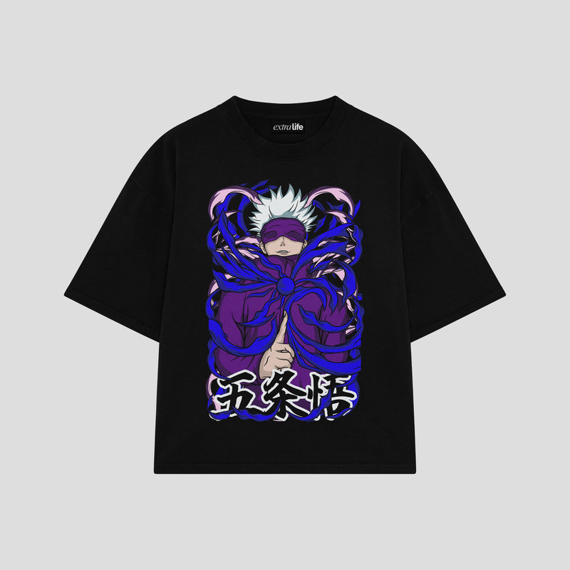 Playera streetwear premium de anime y gaming ExtraLife MX, corte boxy oversized drop shoulder heavyweight en color Deep Black y Off-White, moda urbana mexicana de culto.