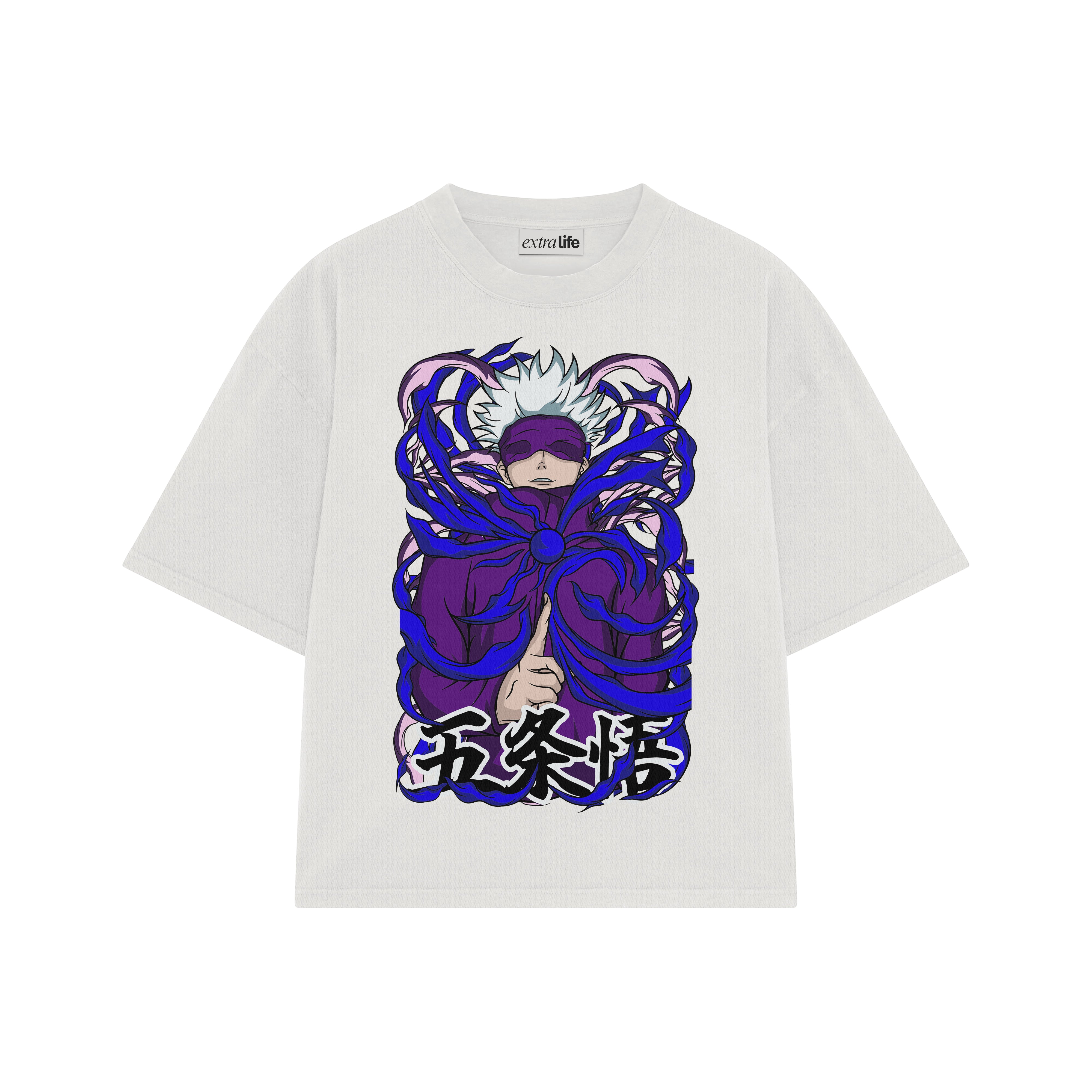 Playera streetwear premium de anime y gaming ExtraLife MX, corte boxy oversized drop shoulder heavyweight en color Deep Black y Off-White, moda urbana mexicana de culto.