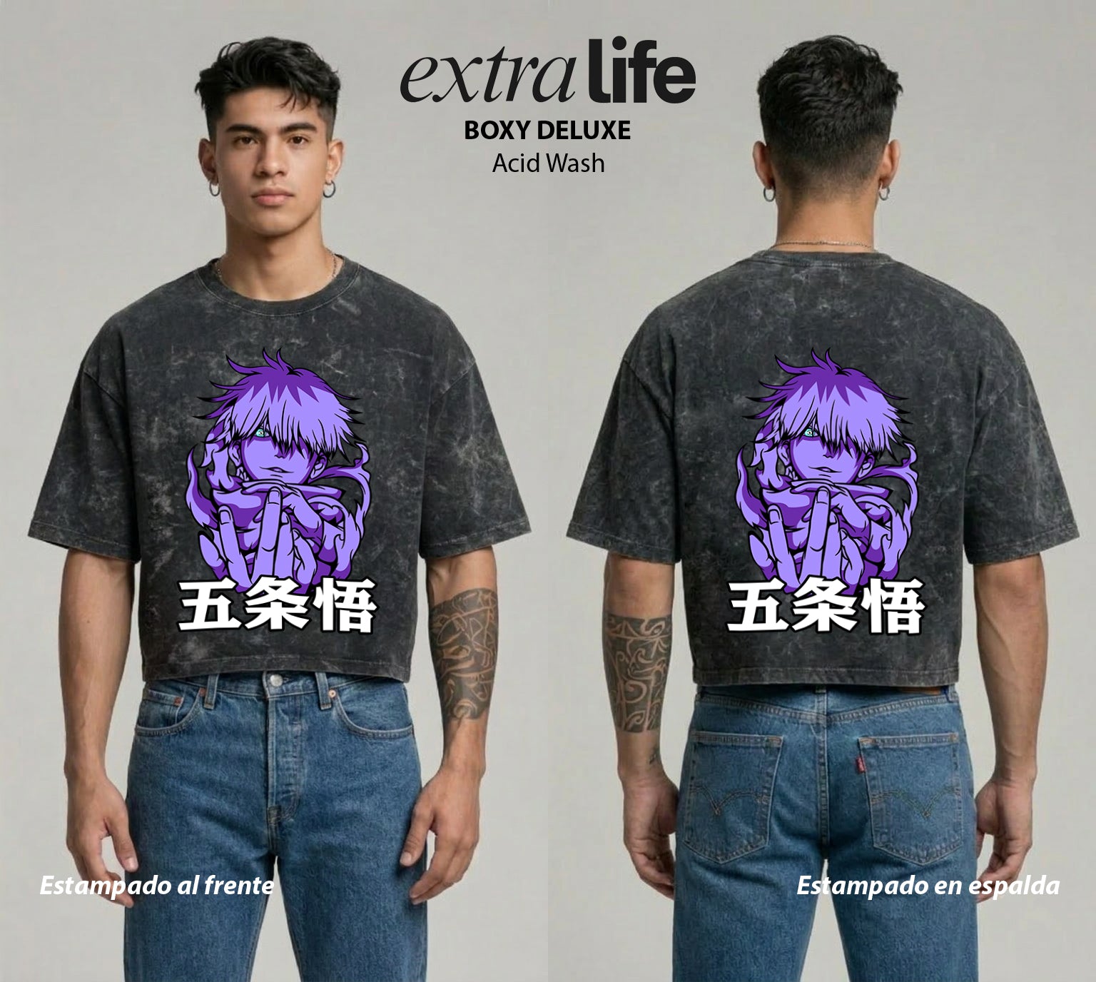 Playera streetwear premium de anime y gaming ExtraLife MX, corte boxy deluxe mineral wash heavyweight en color Acid Wash, moda urbana mexicana de culto.