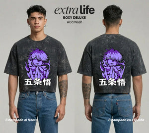 Playera streetwear premium de anime y gaming ExtraLife MX, corte boxy deluxe mineral wash heavyweight en color Acid Wash, moda urbana mexicana de culto.