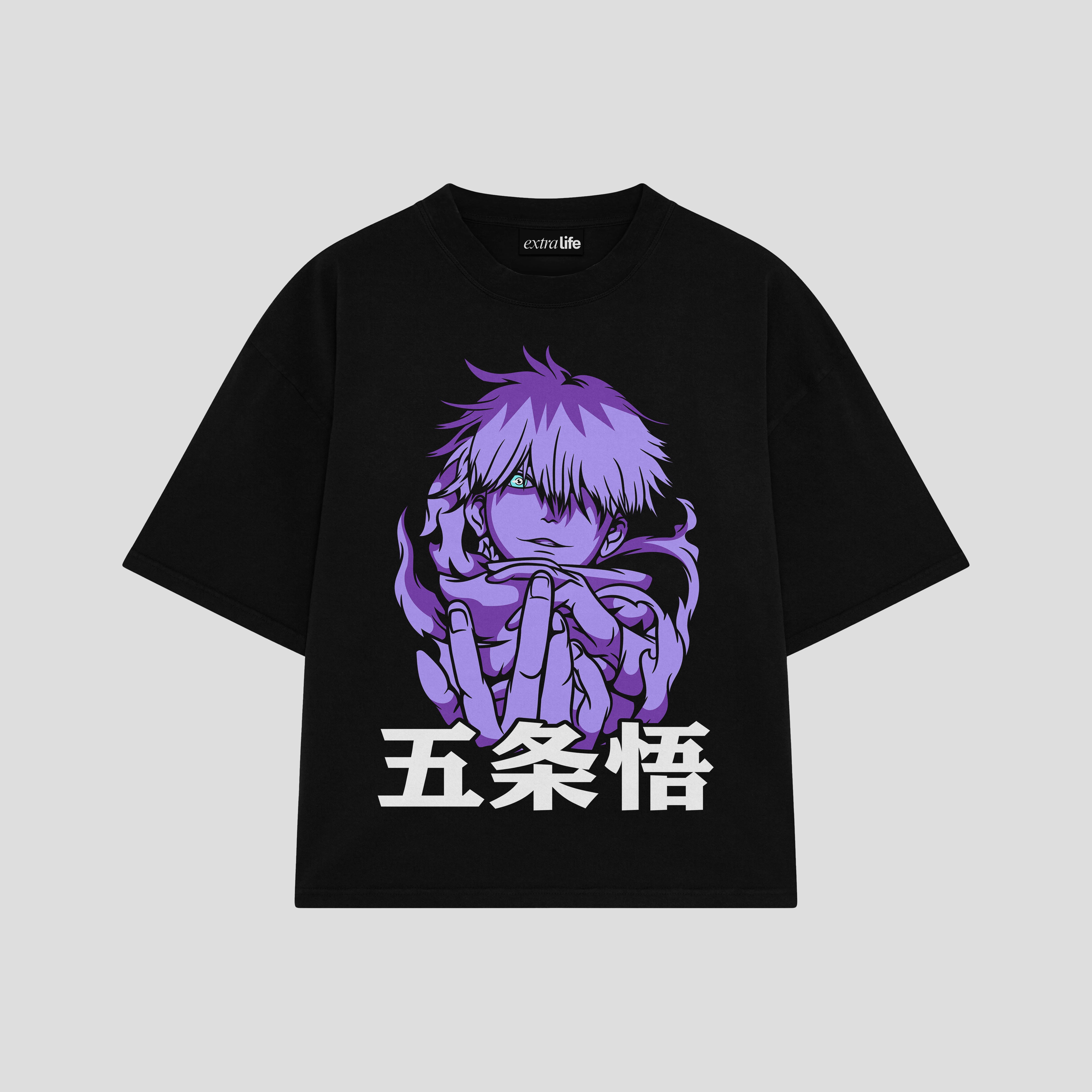 Playera streetwear premium de anime y gaming ExtraLife MX, corte boxy oversized drop shoulder heavyweight en color Deep Black y Off-White, moda urbana mexicana de culto.